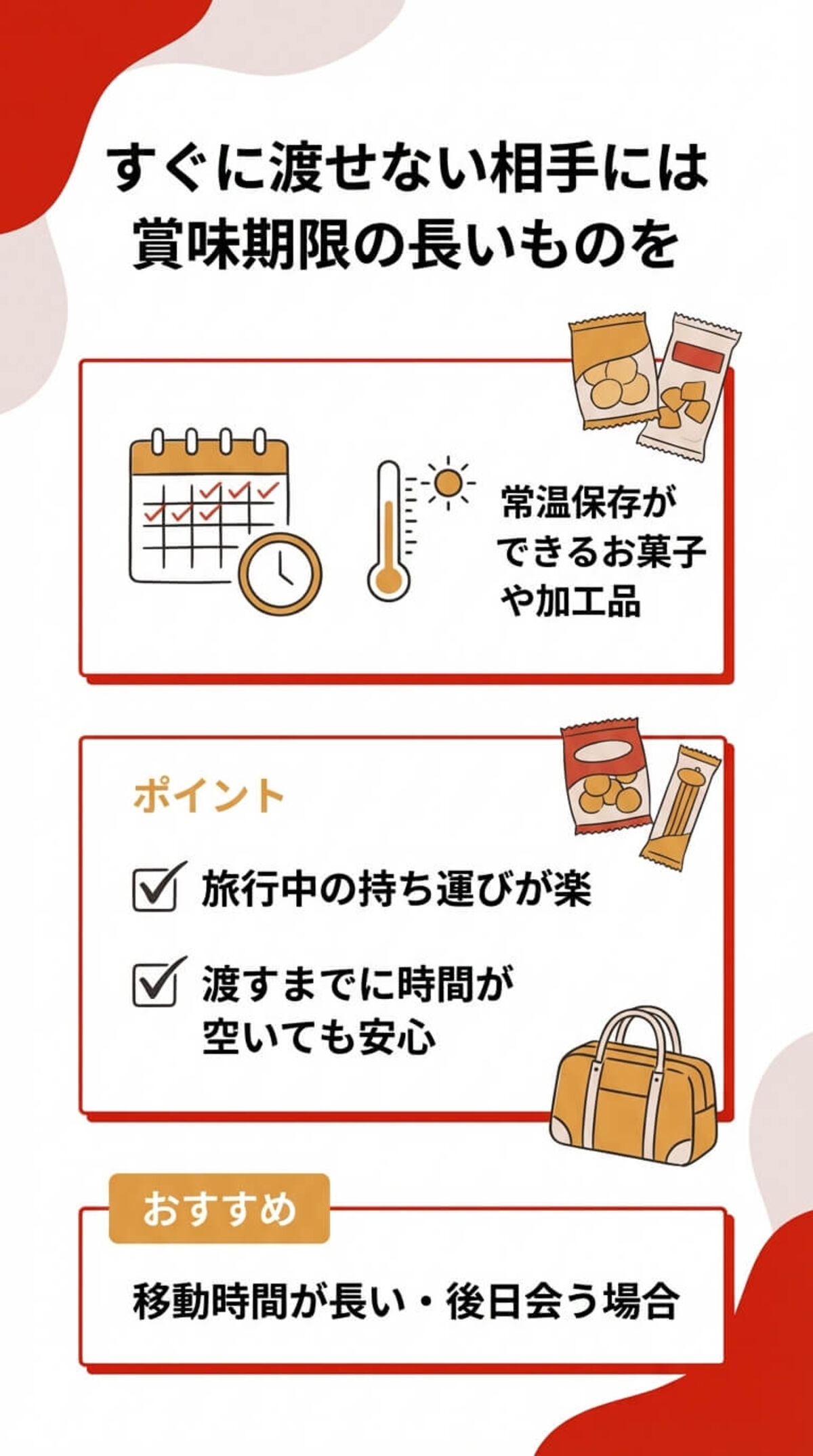 すぐに渡せない相手には賞味期限の長いものを