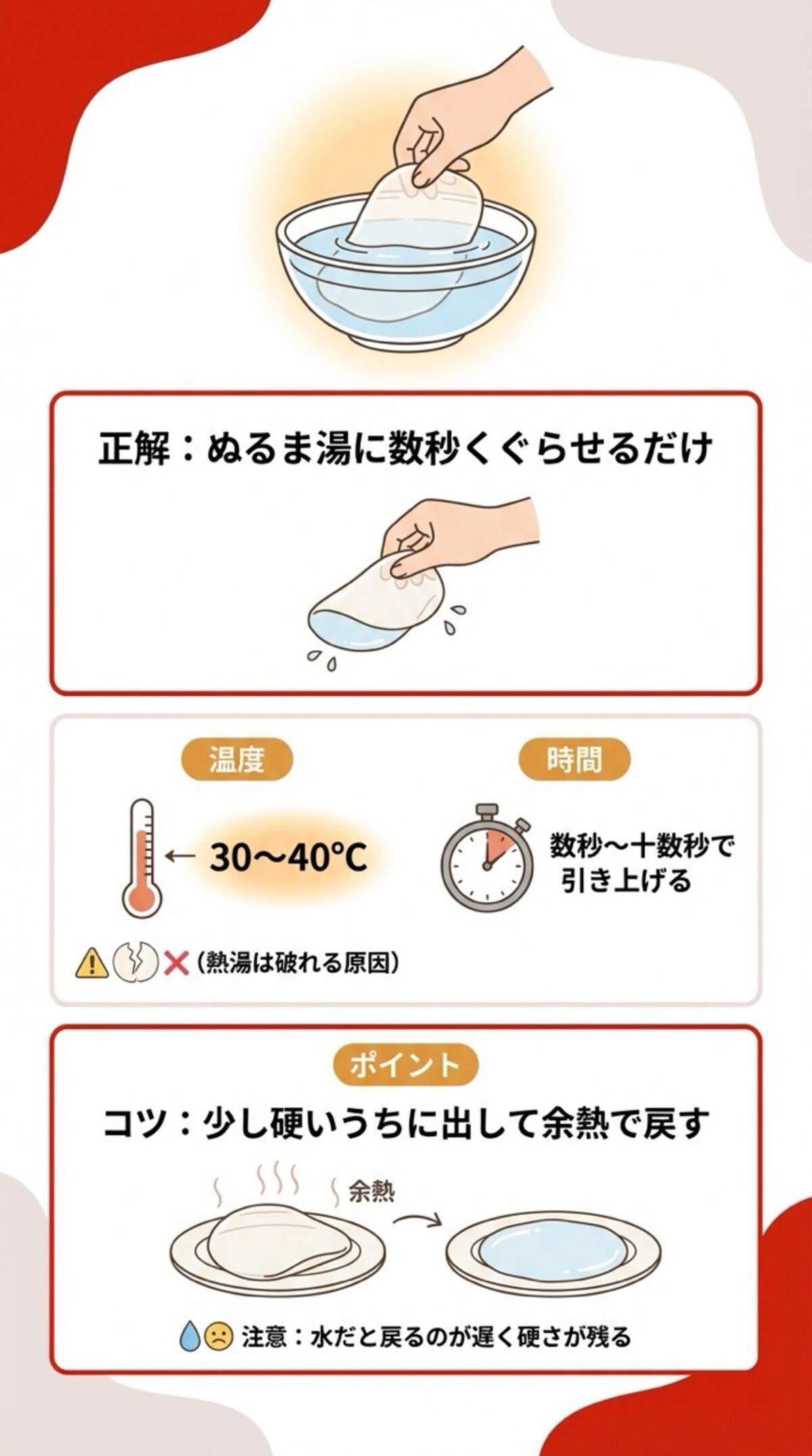 ぬるま湯に数秒くぐらせるだけ