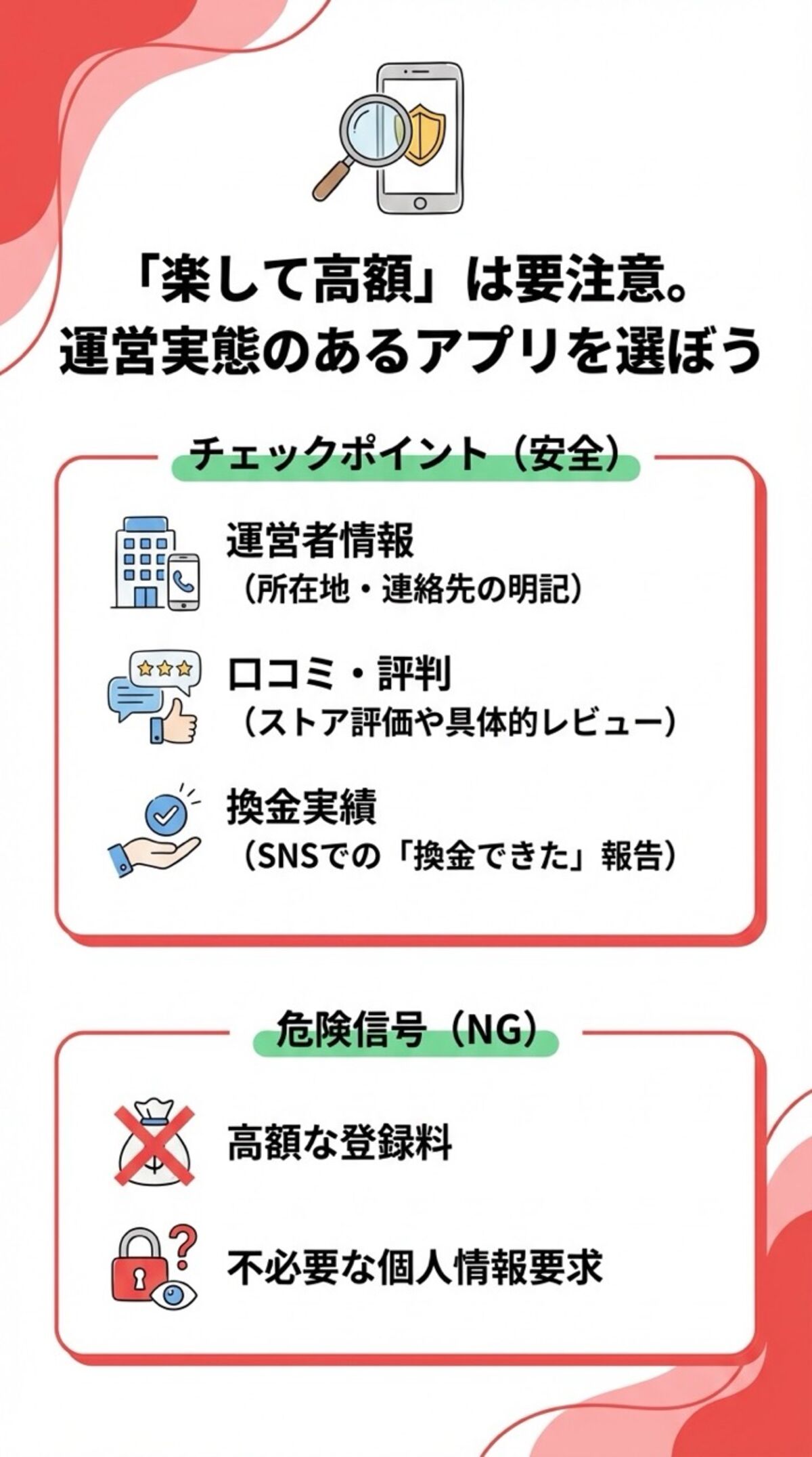 「楽して高額」は要注意。運営実態のあるアプリを選ぼう