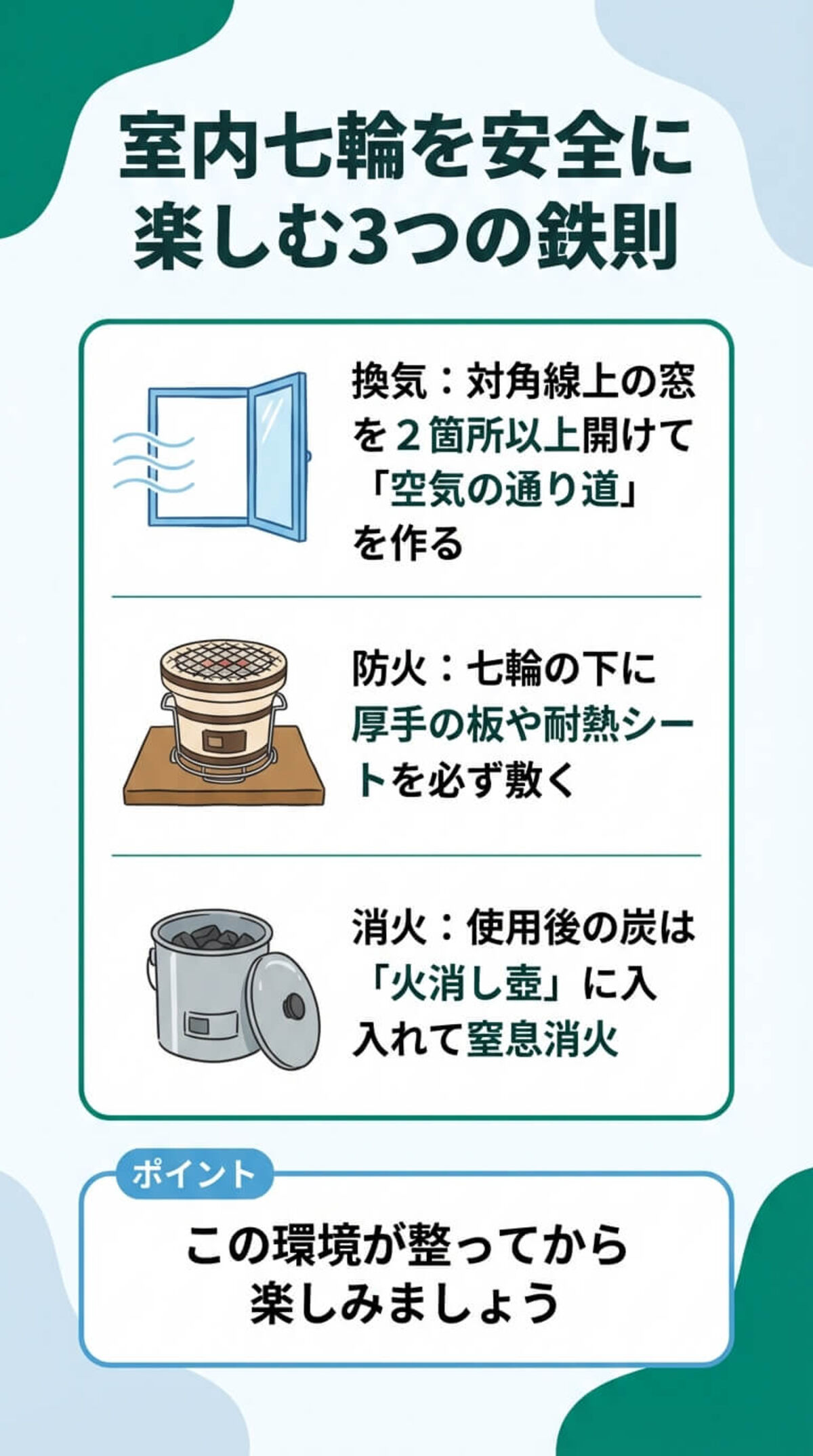 室内で安全に七輪を楽しむためのルール
