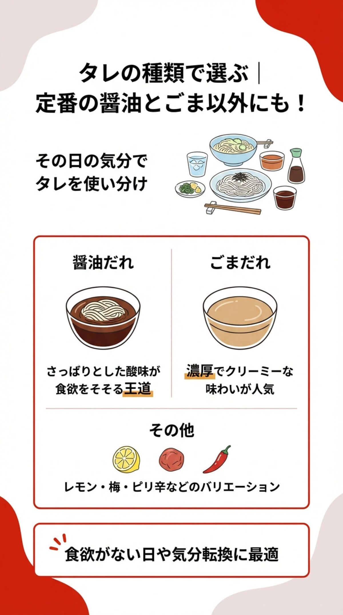 2. タレの種類で選ぶ｜定番の醤油とごま以外にも！