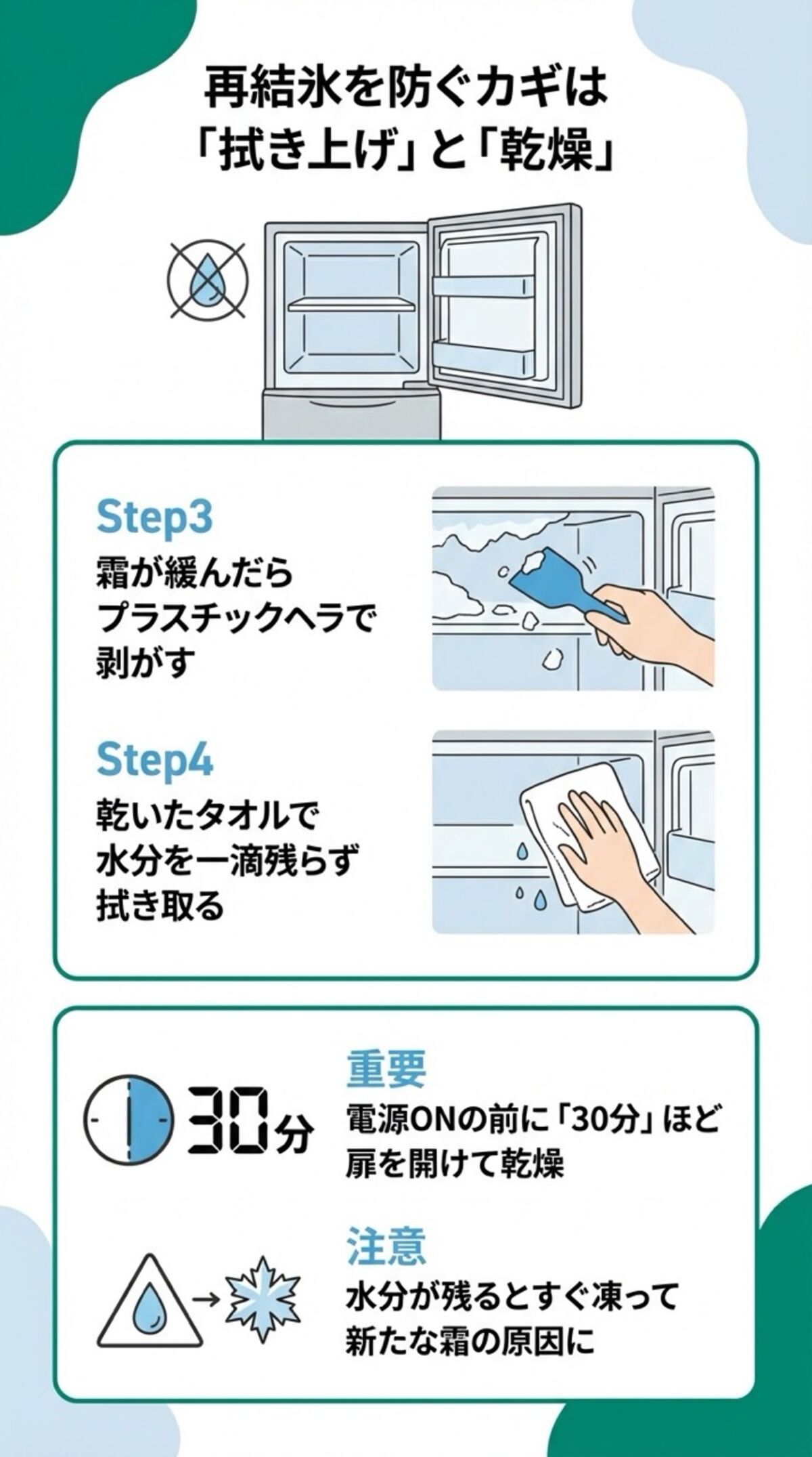 再結氷を防ぐカギは拭き上げと乾燥