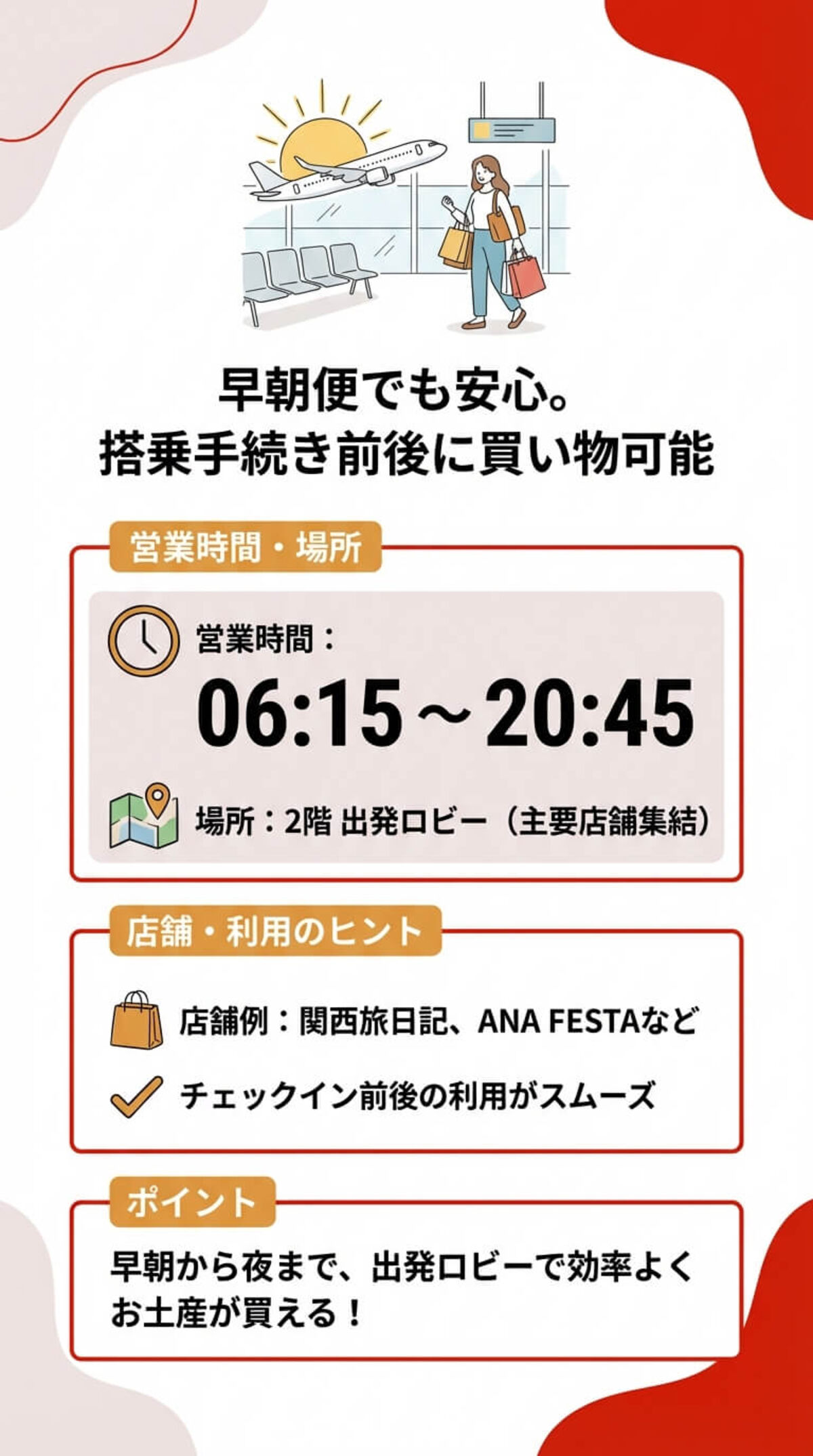 早朝便でも安心。搭乗手続き前後に買い物可能