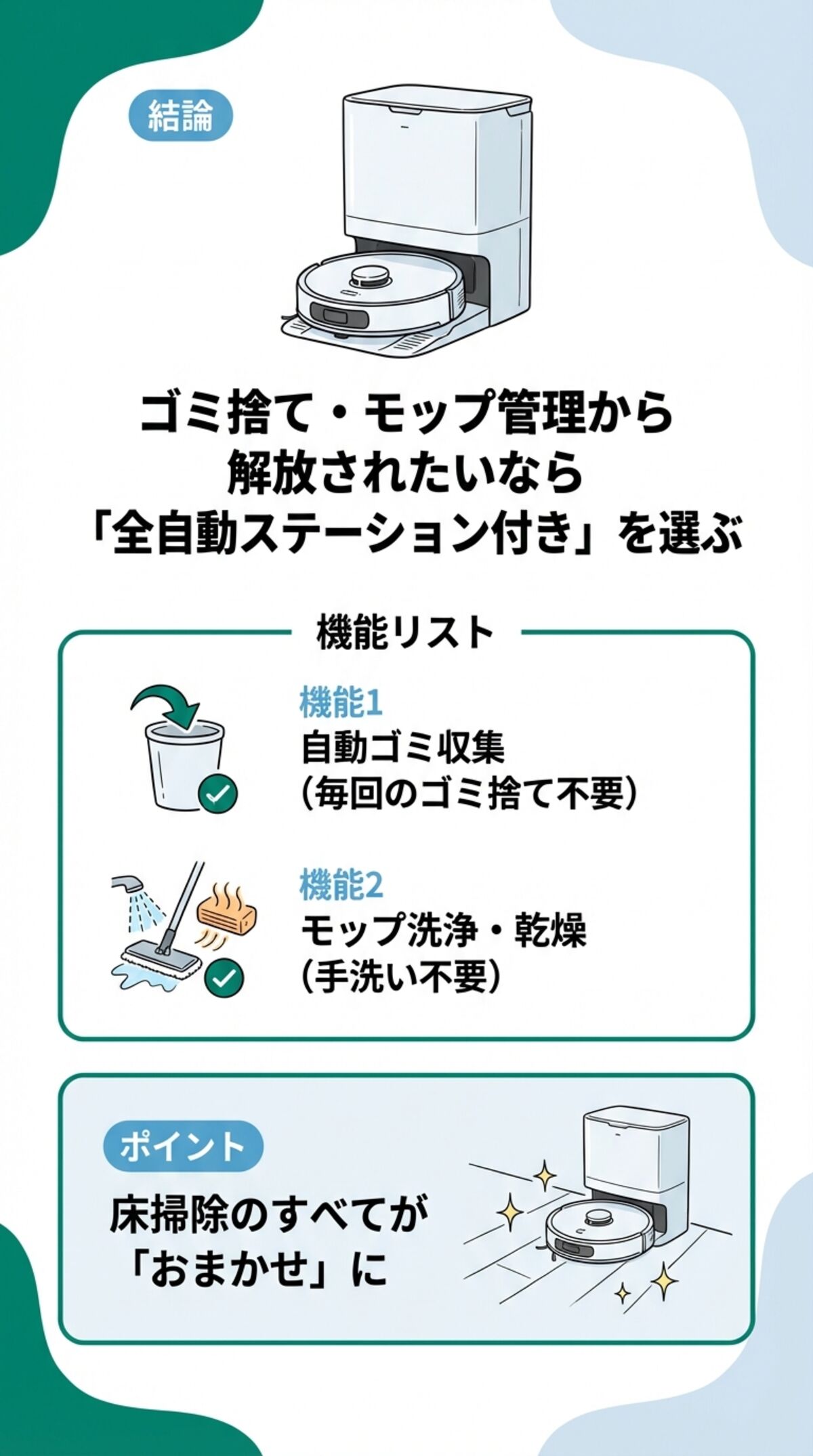 ゴミ捨て・モップ管理から解放されたいなら全自動ステーション付きを選ぶ