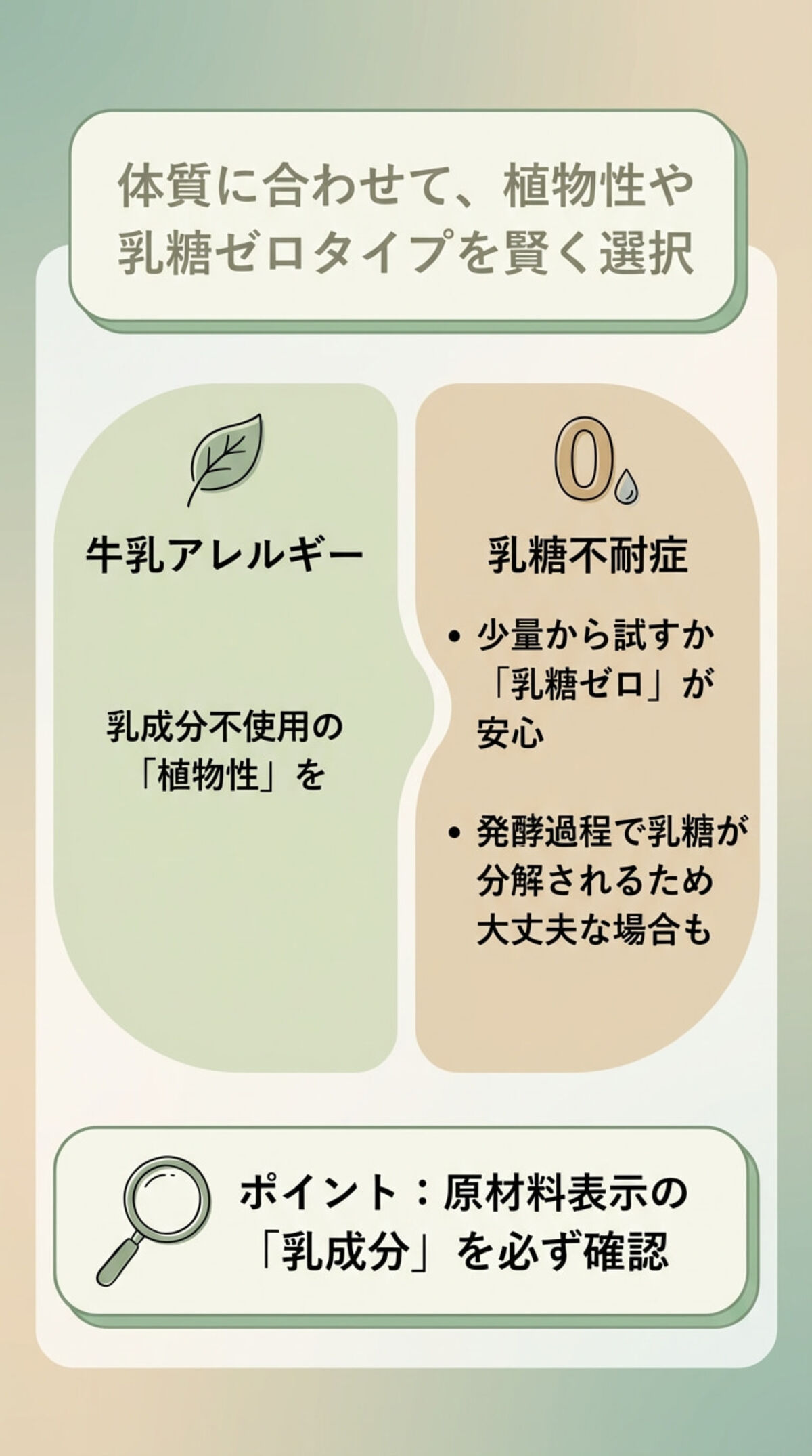 アレルギーや乳糖不耐症への対応