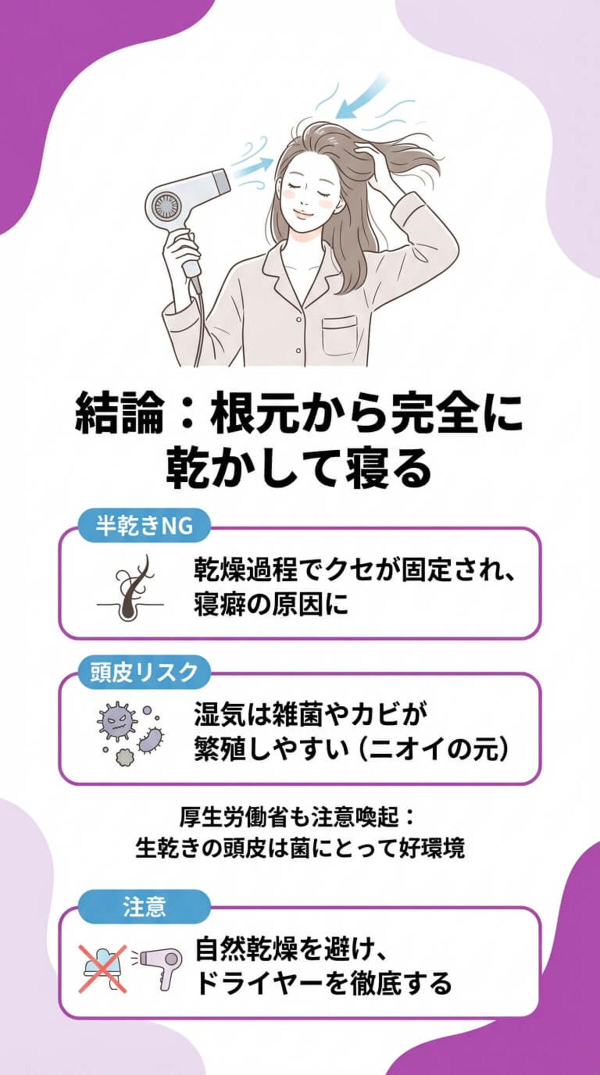 夜の予防1：正しいドライヤー習慣