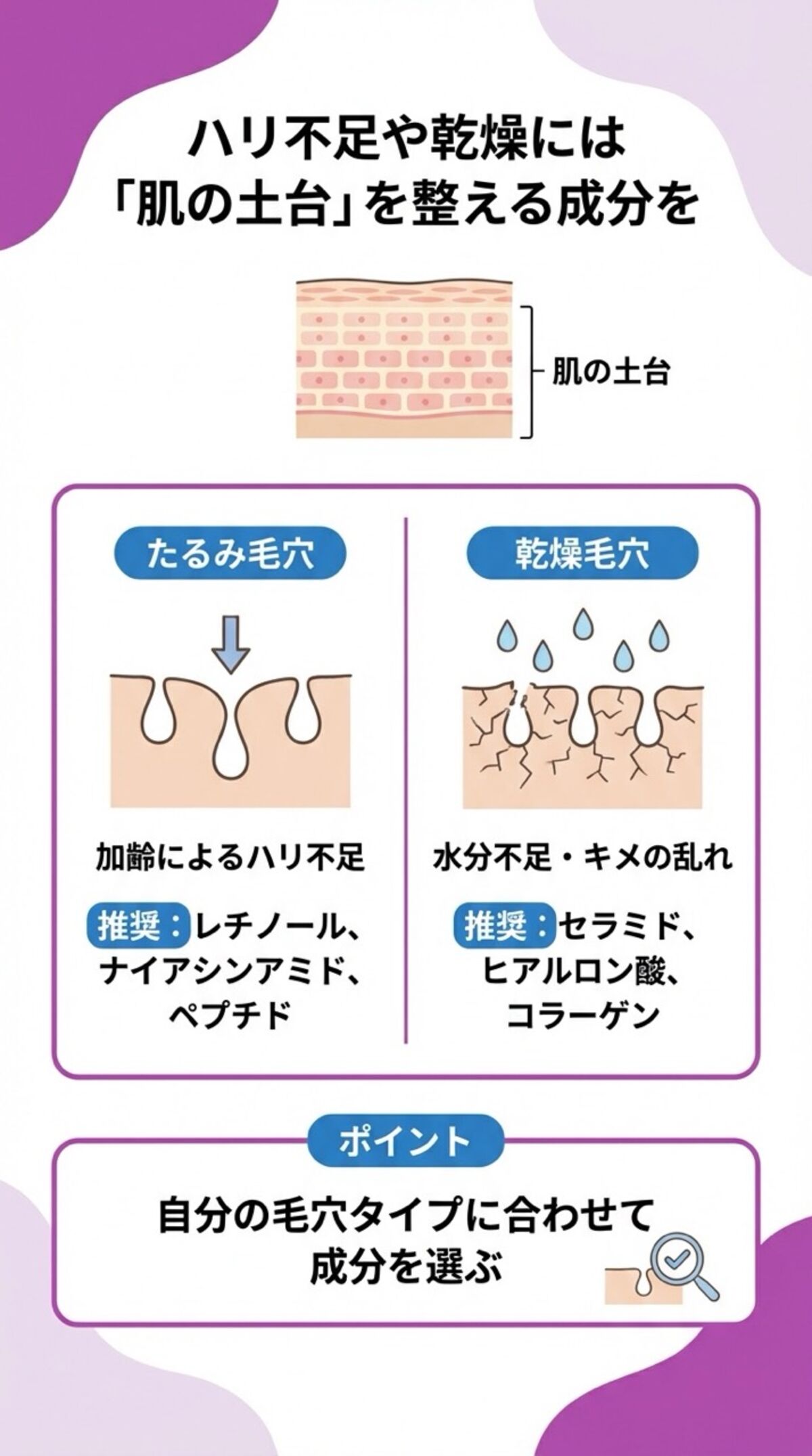 ハリ不足や乾燥には肌の土台を整える成分を