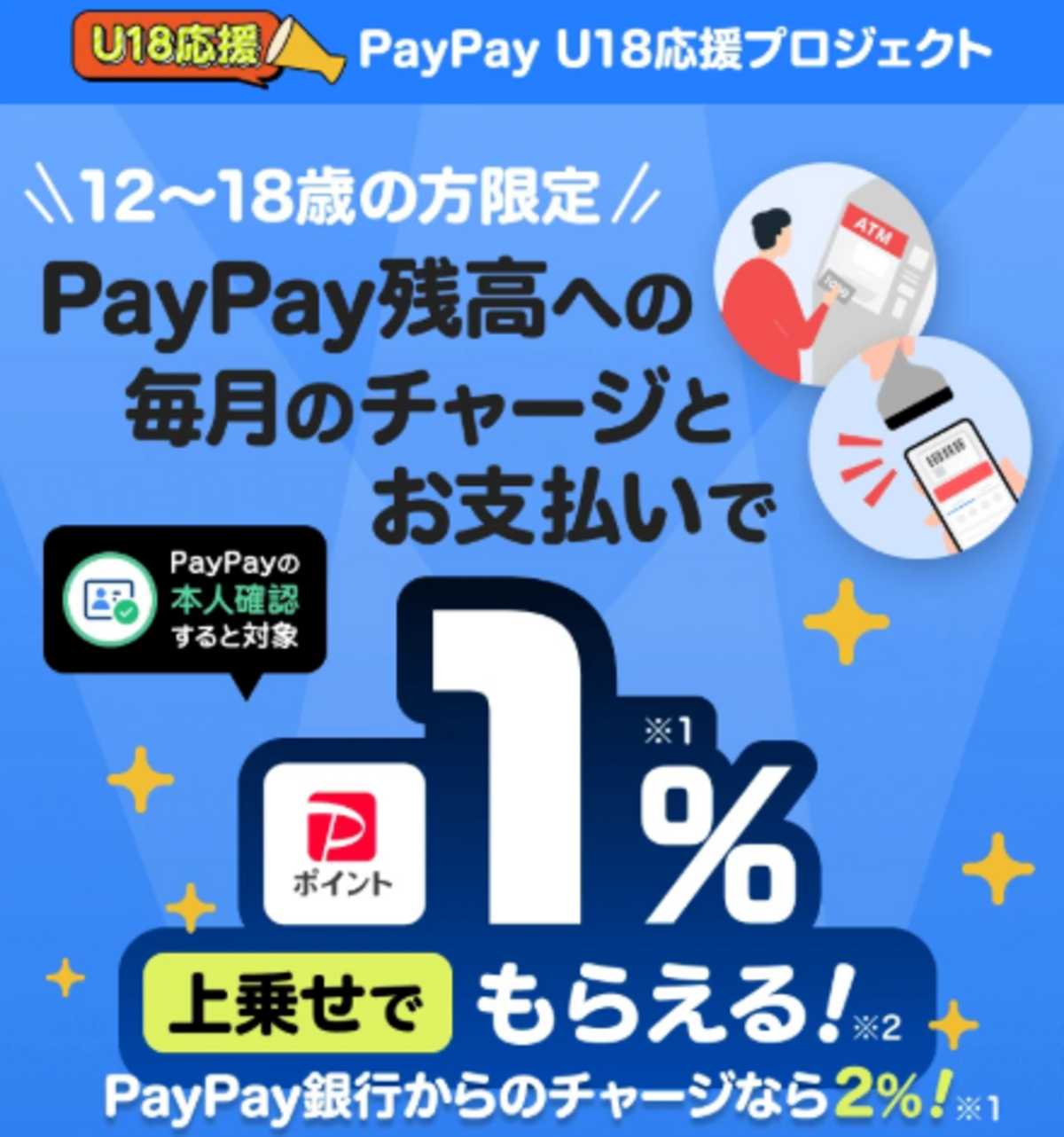 ＜12〜18歳の方＞PayPay残高へのチャージ＆お支払いでPayPayポイントが最大2％上乗せでもらえるキャンペーン