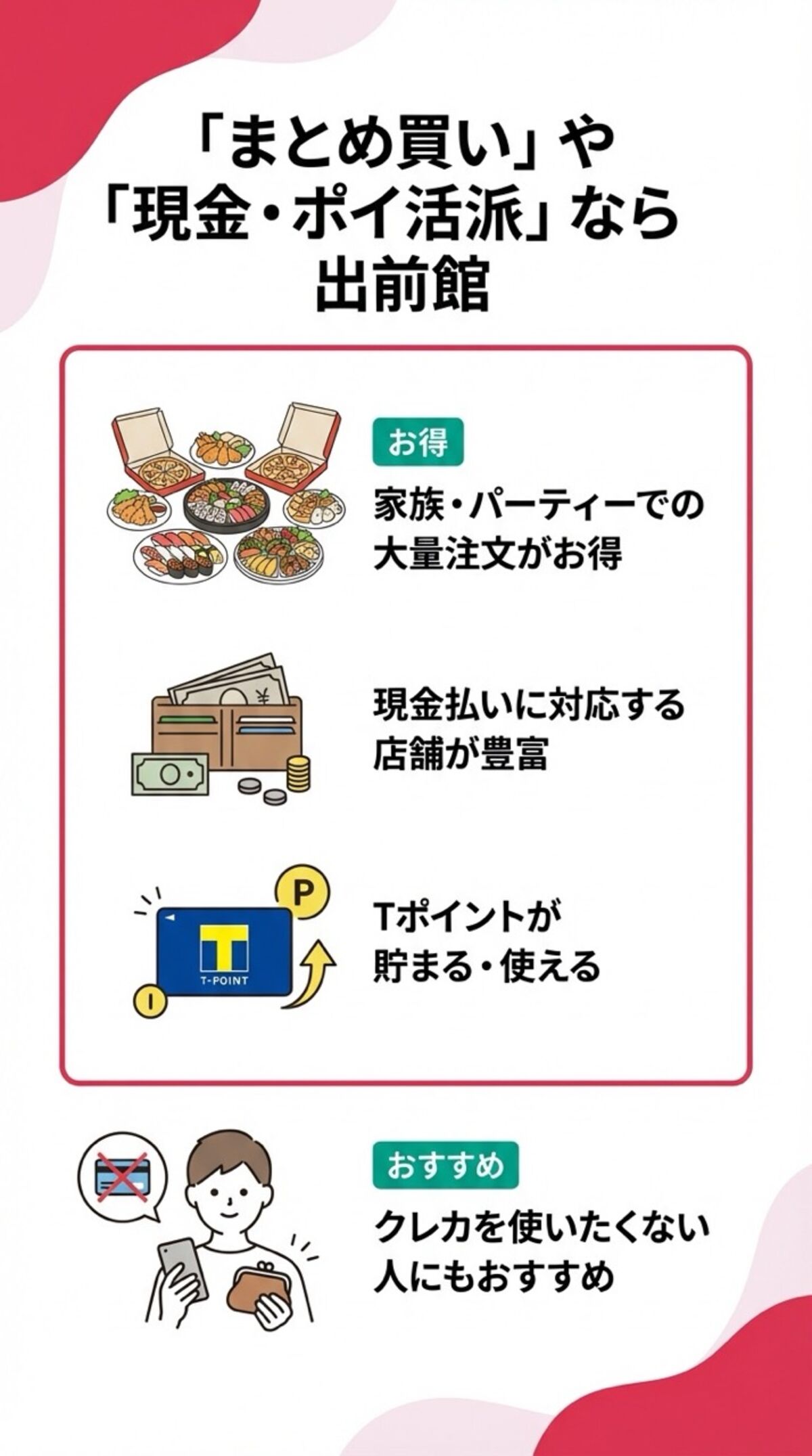 まとめ買いや現金・ポイ活派なら出前館