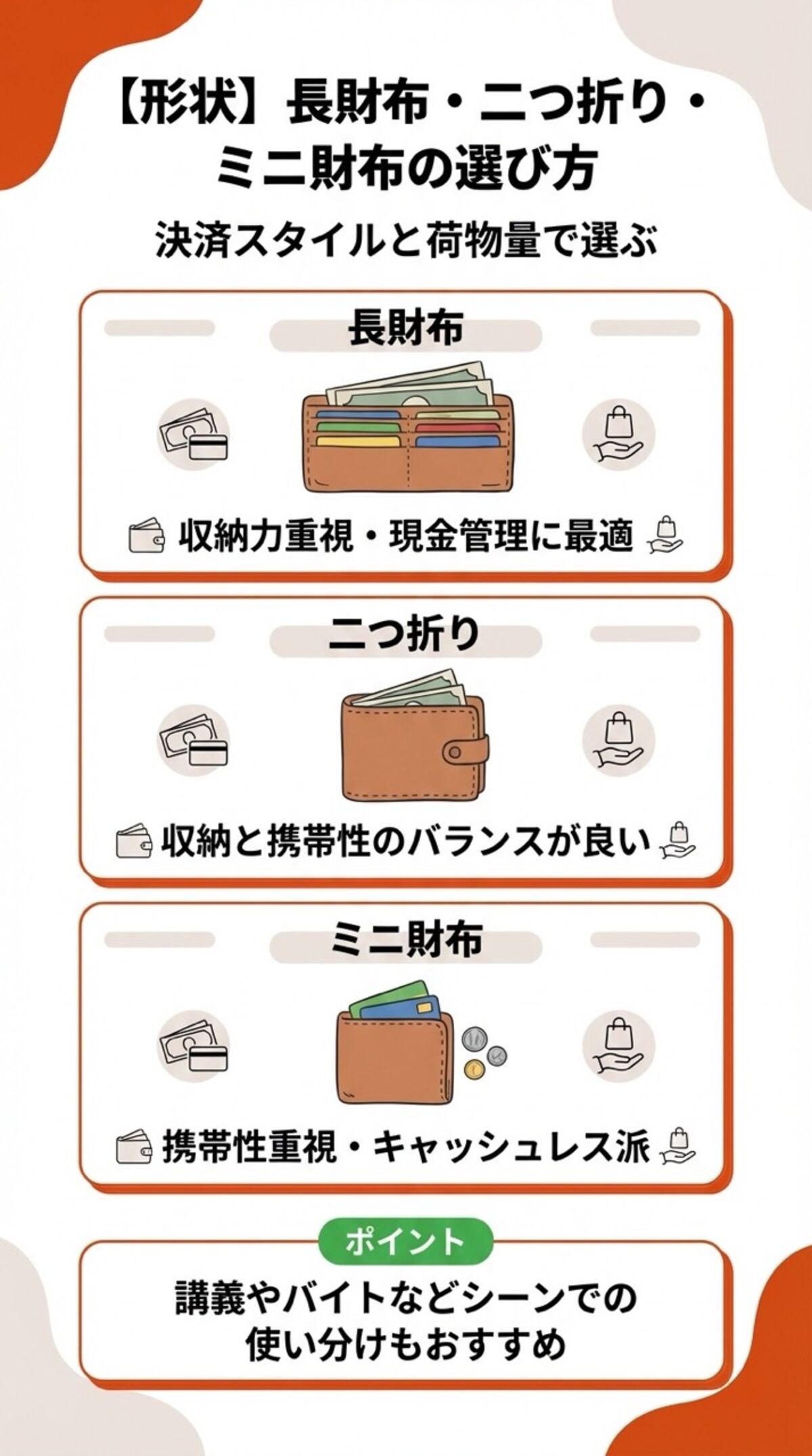 長財布・二つ折り・ミニ財布の選び方